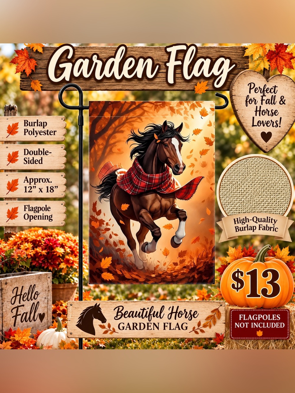 Garden Flag, beautiful autumn horse, burlap polyester, double-sided, 12” x 18”